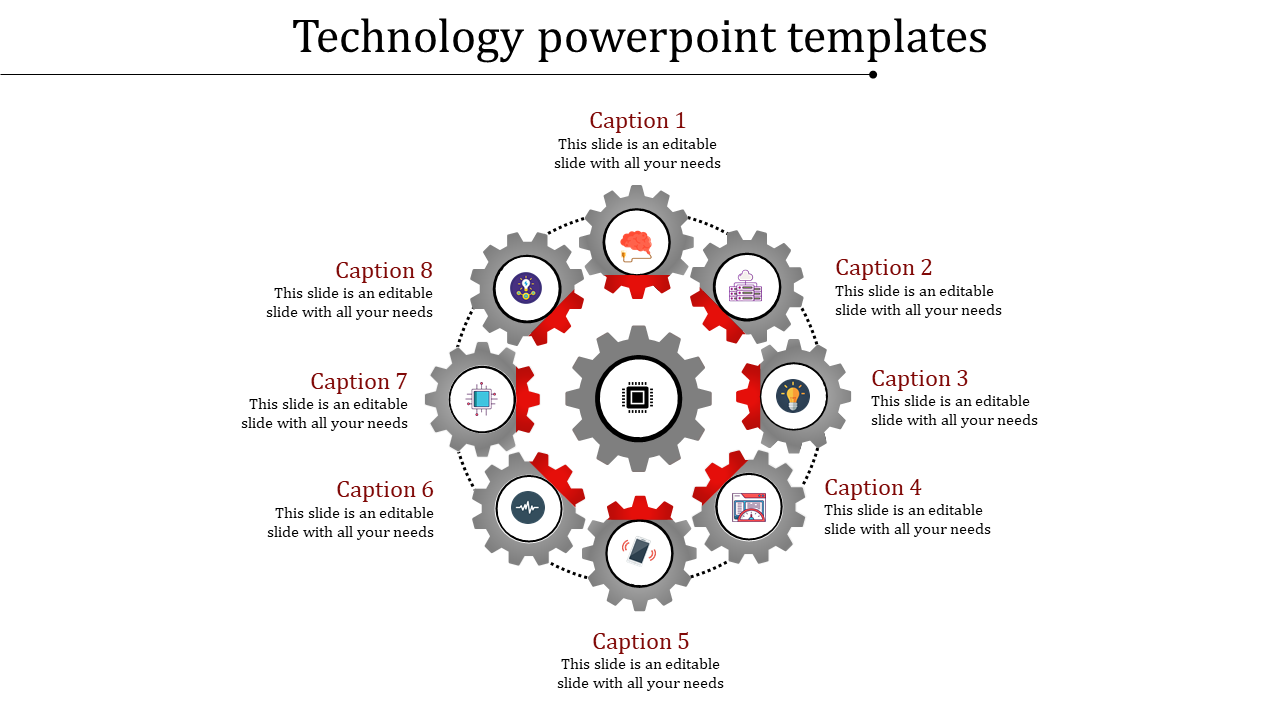 Circular infographic with eight red gears, each featuring a technology related icon and captions on a white background.