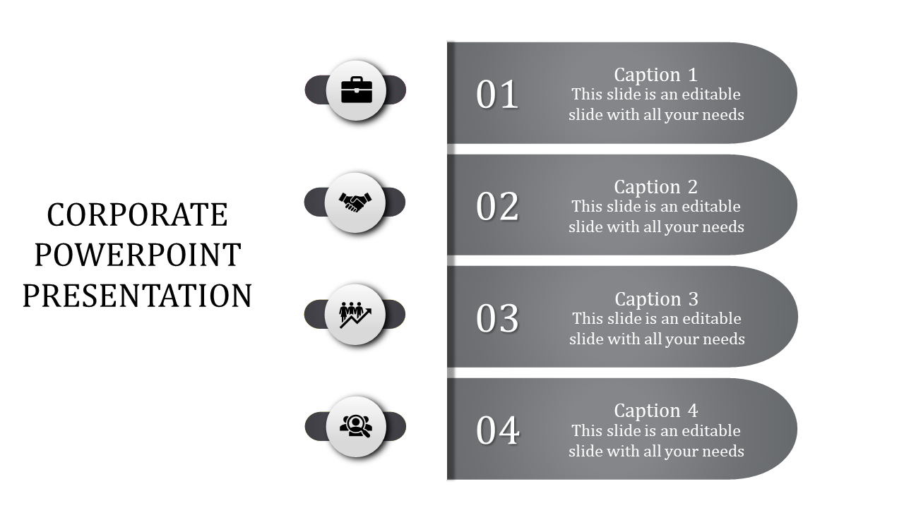 Corporate slide with four horizontal gray segments, each paired with numbered icons and captions.