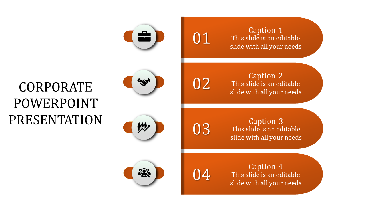 Corporate slide with sequential numbered sections in orange, accompanied by icons and captions areas.