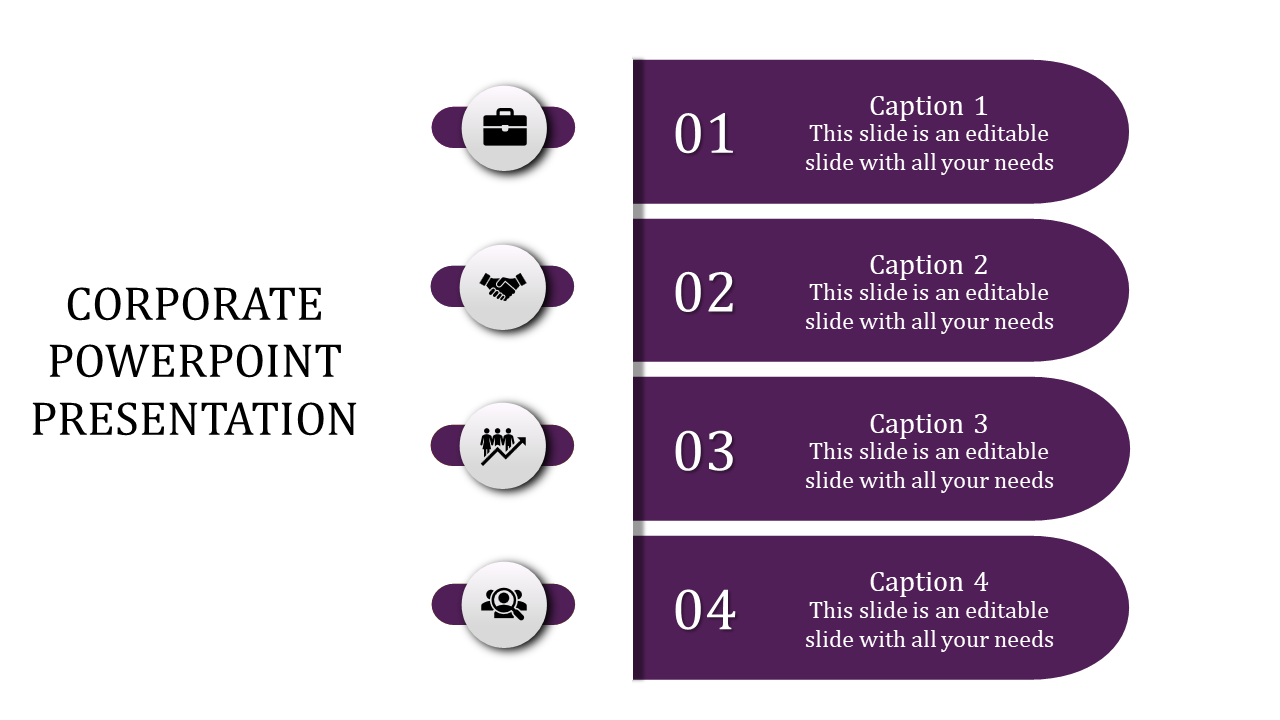 Corporate slide with four horizontal purple segments, each paired with numbered icons and captions.