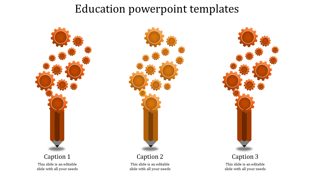 Education templates with three brown pencils emitting orange gear icons symbolizing creativity and learning.
