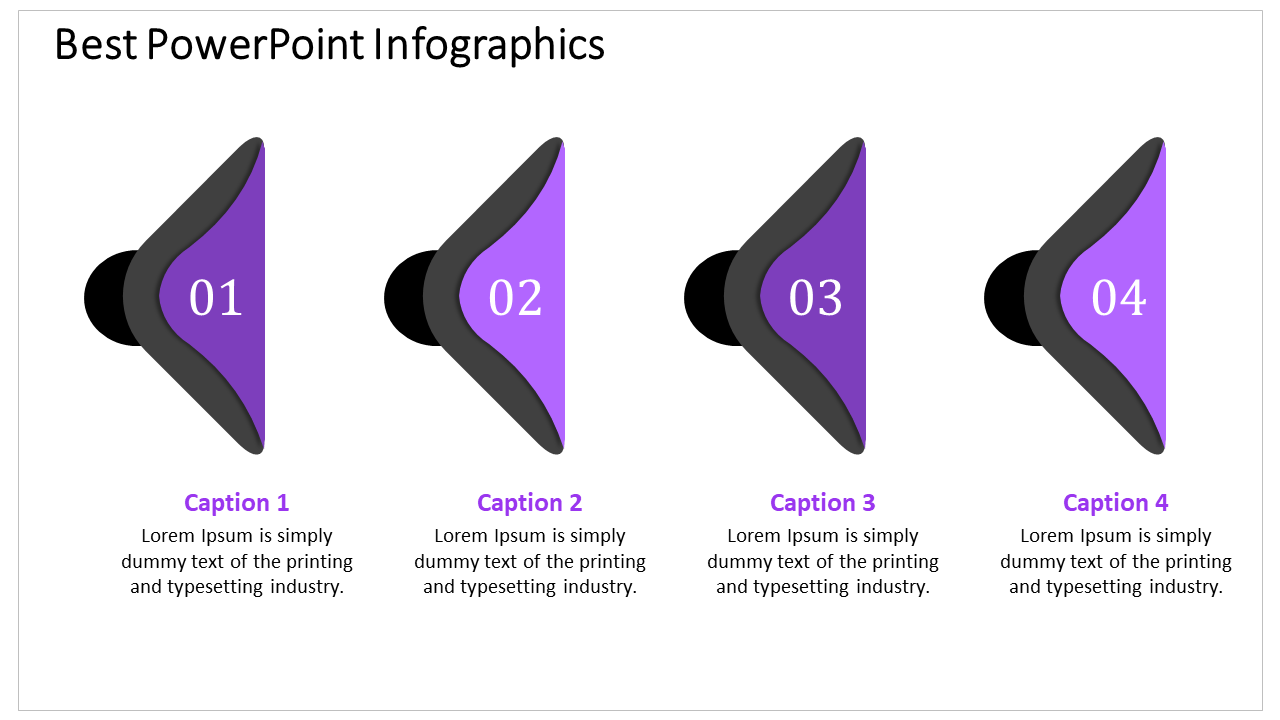 PowerPoint infographic with four numbered purple arrow sections, each with captions.