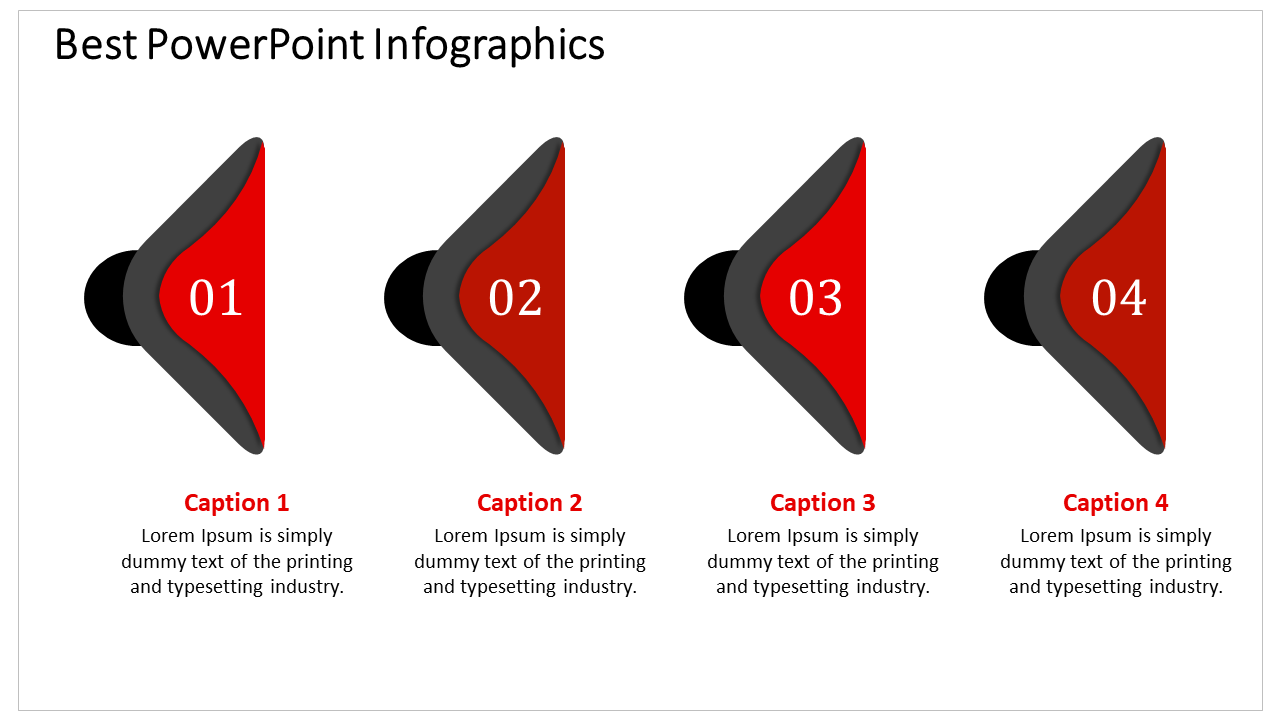 Horizontal layout of infographic elements with four numbered red shapes and placeholders text areas.
