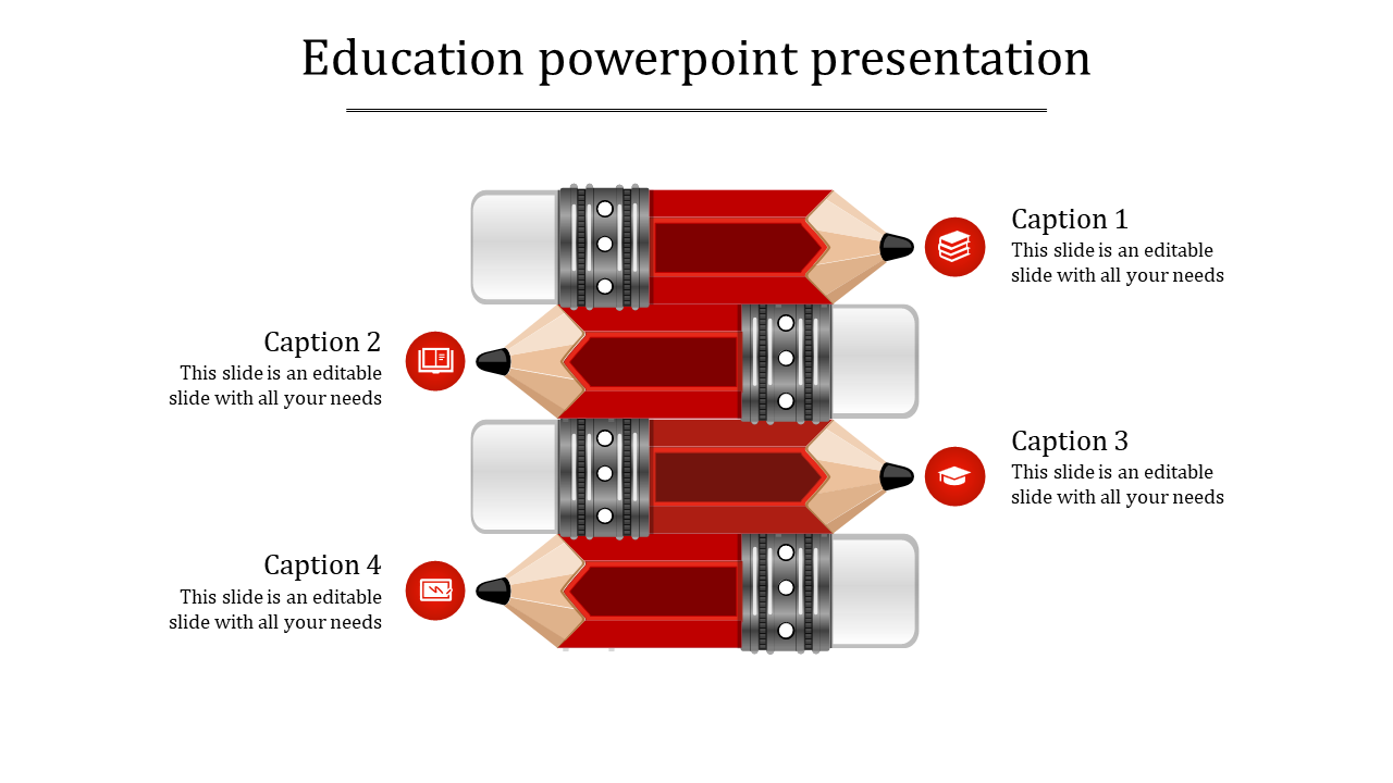 PowerPoint slide with three red pencils, each with captions and educational icons.