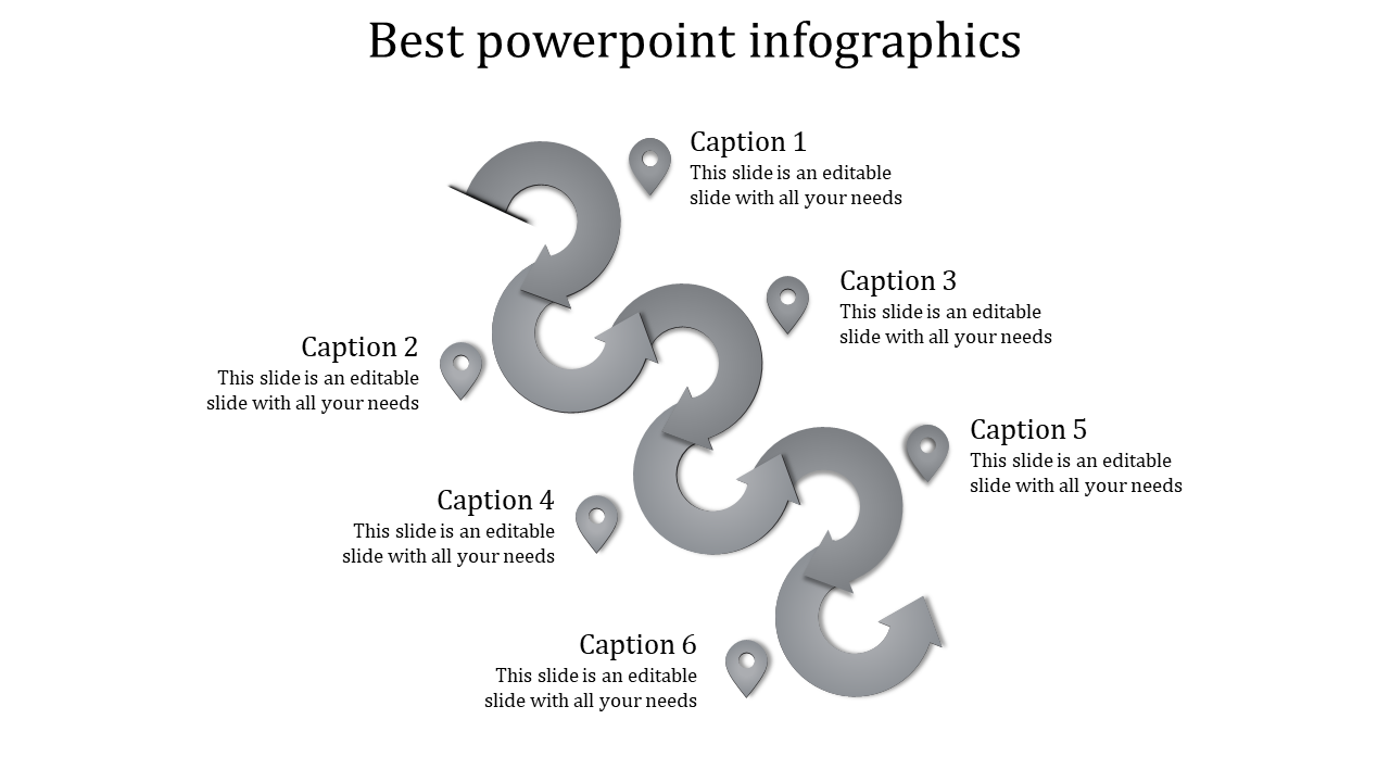 Looped infographic with curved gray arrows pointing in alternating directions, paired with location markers and captions.