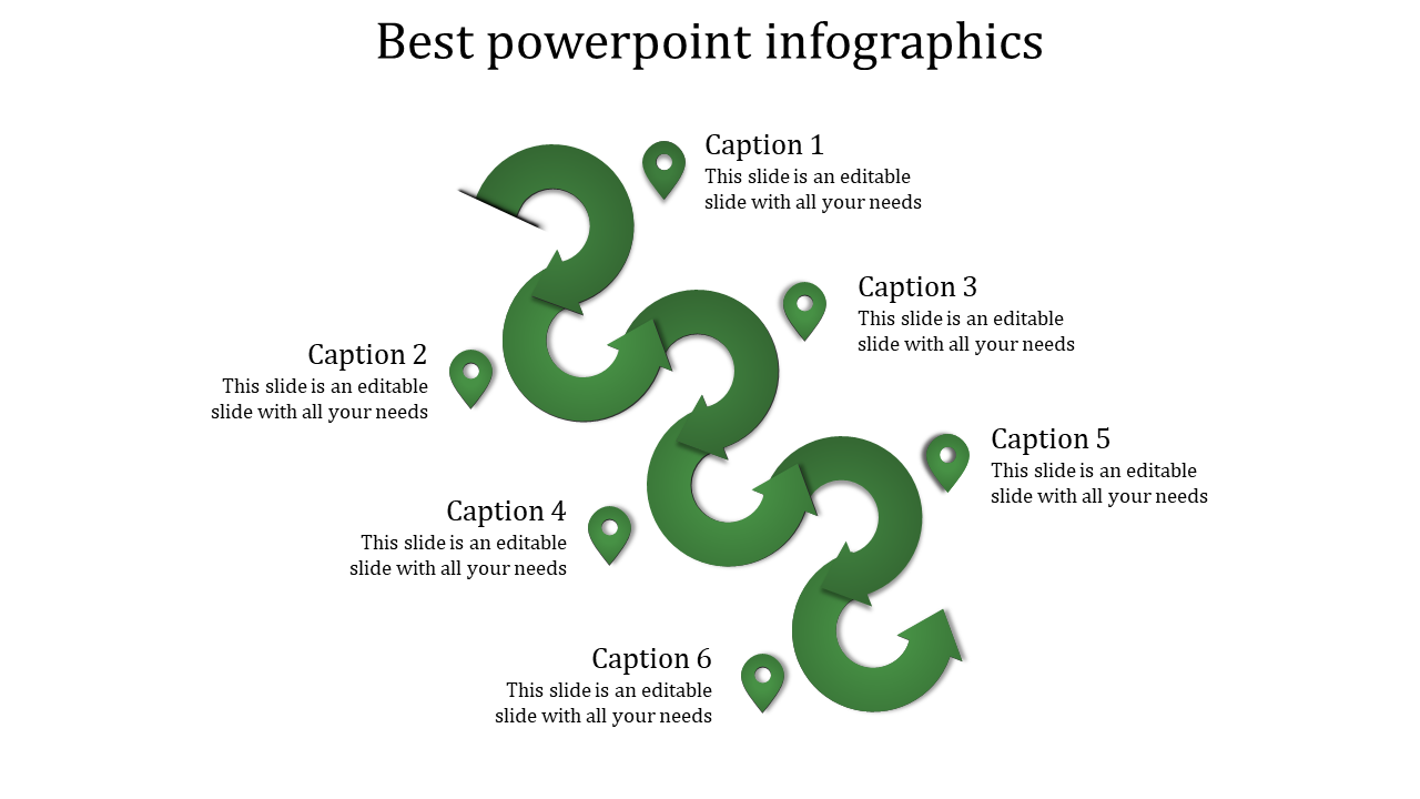 Green infographic PowerPoint slide with six arrows and corresponding captions, illustrating a step by step process.