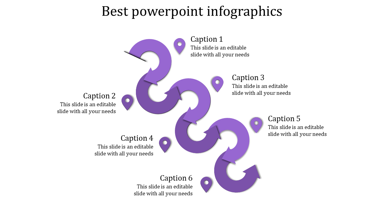 Infographic with six rotating purple arrows linked to captions, highlighting progression with location markers.