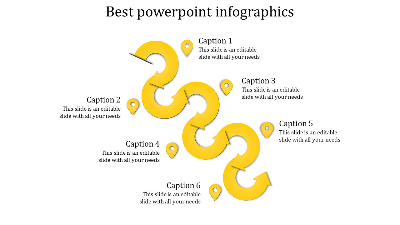 Six interconnected yellow curved arrows forming a flow layout, each linked to location icons and captions.