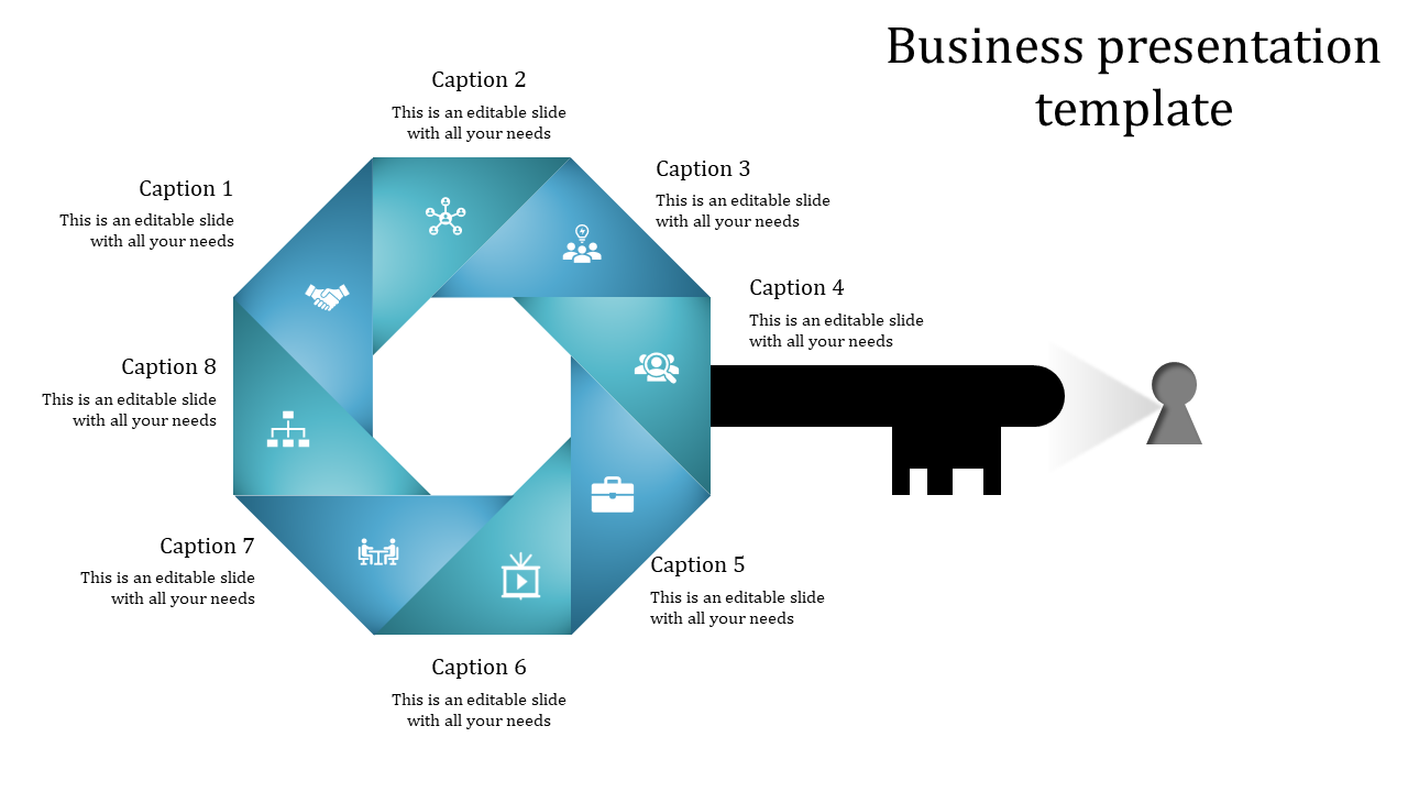 Blue infographic with an octagon shape, featuring eight icons, captions, and a black key element leading to a keyhole.