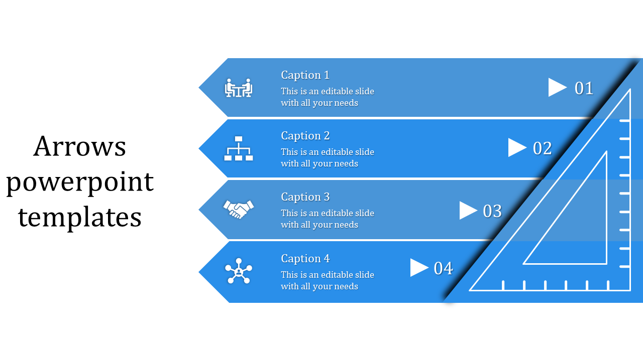 Blue arrows PowerPoint template with four captions, icons, and a triangular ruler design on the right.