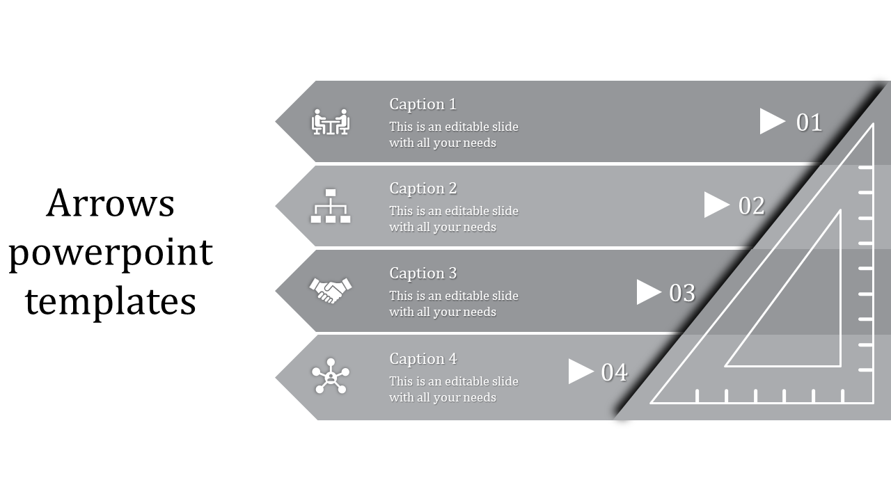 Arrow infographic with four gray segments, icons, captions, and numbered points ending near a triangular ruler graphic.