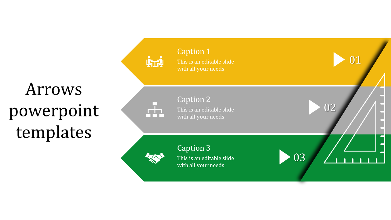 Infographic with three arrows in yellow, gray, and green, displaying teamwork, structure, and handshake icons with captions.