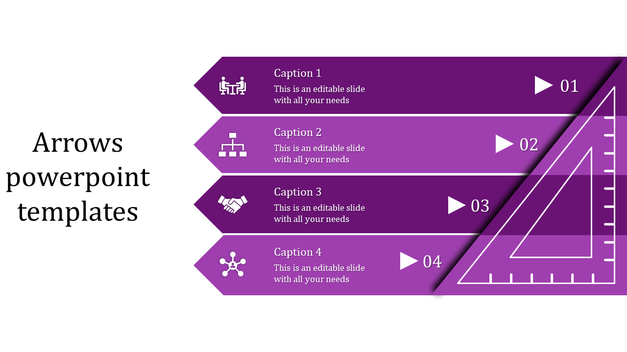 Four purple arrows with icons and numbers, featuring a geometric ruler design on a clean white background.