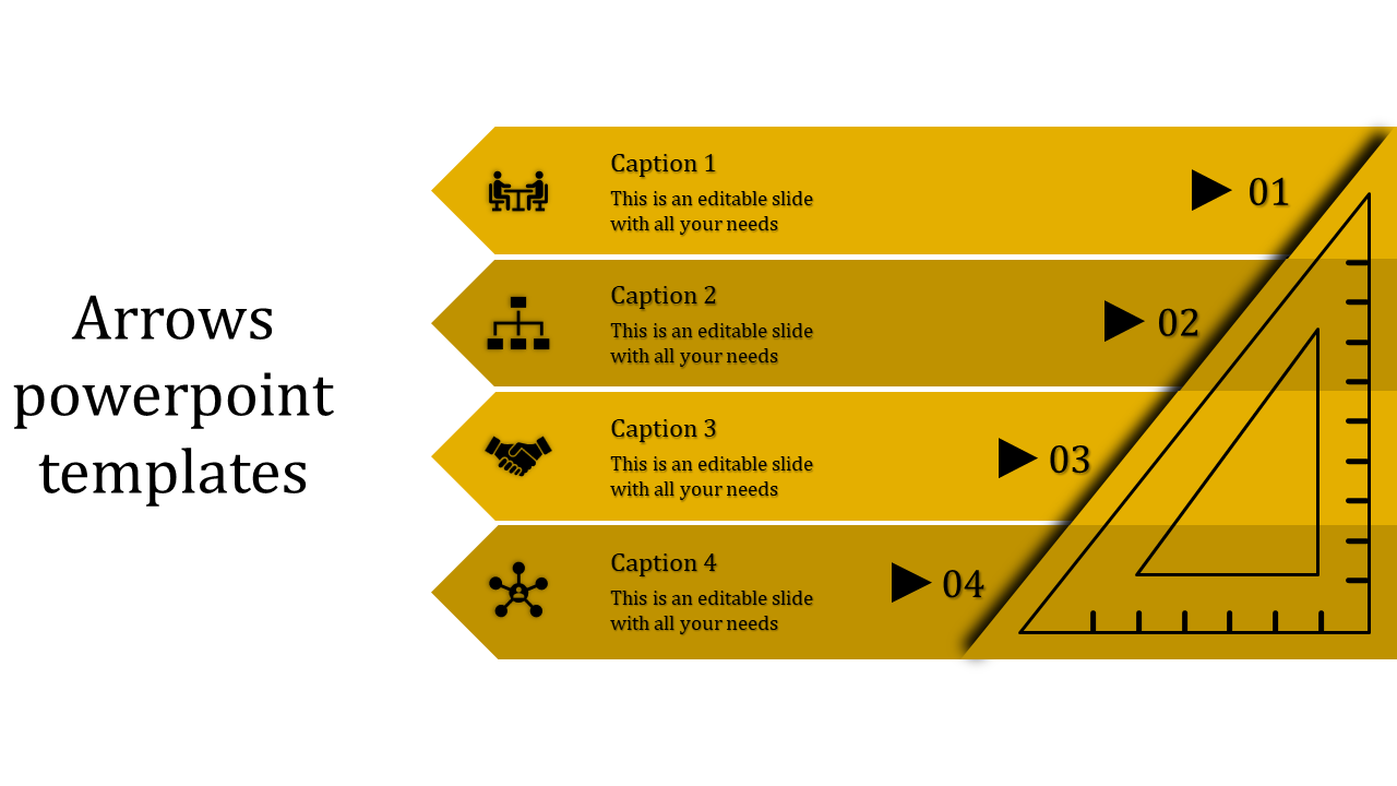 Template with four yellow horizontal arrows feauring icons, captions, and a triangular ruler design on the right.