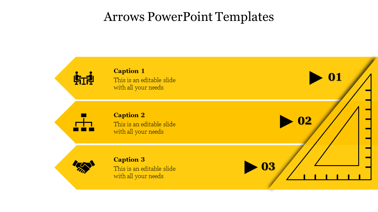 Arrow themed PowerPoint template with a yellow design featuring three captions and a ruler illustration on the right.