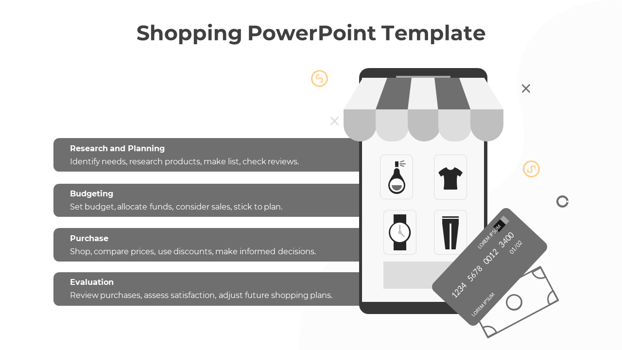 Gray and white shopping infographic with a phone storefront, payment elements, and key steps to optimize shopping.