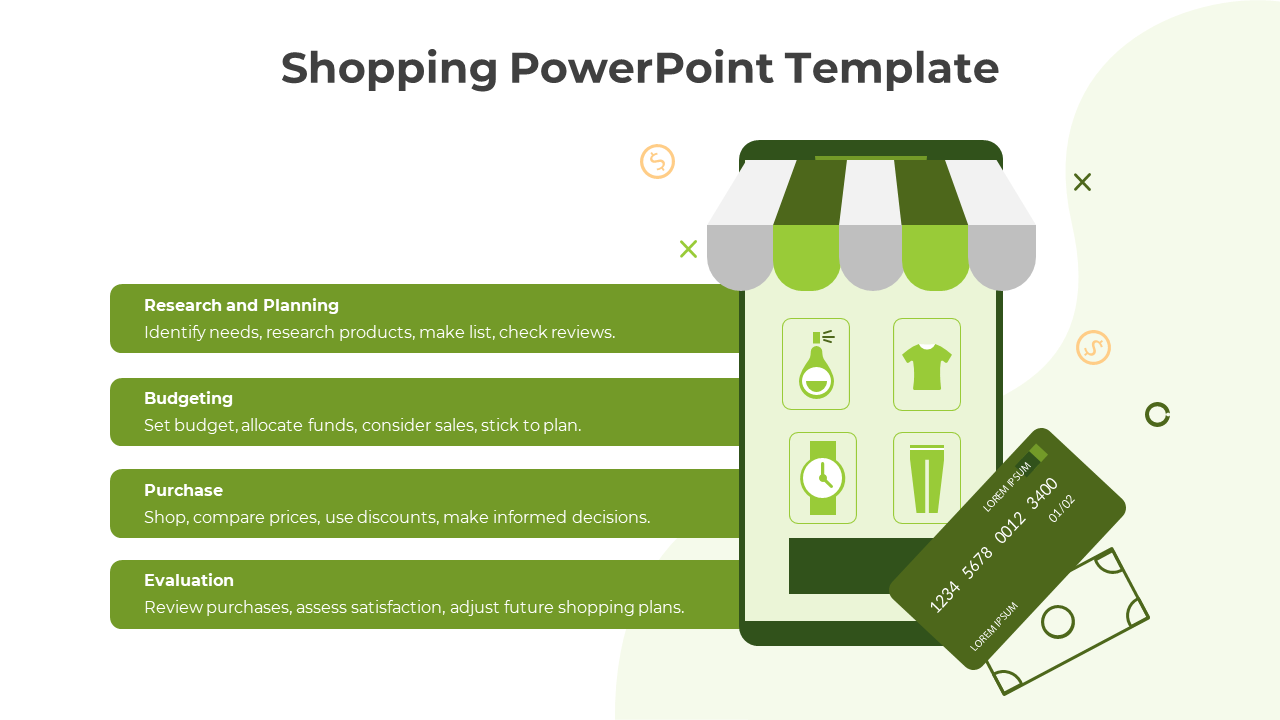 Green themed shopping template showing a storefront, payment card, and four steps in horizontal bars.