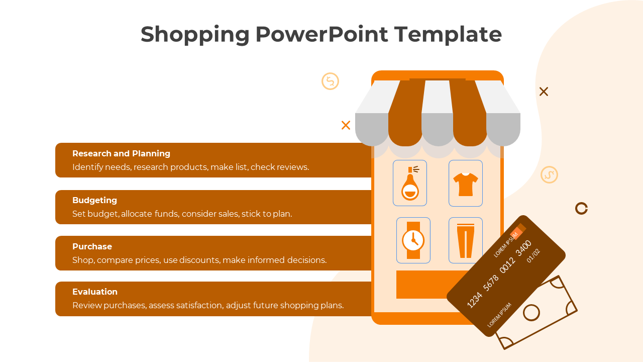Shopping slide in orange theme, detailing steps like research, budgeting, purchase, and evaluation with a storefront graphic.