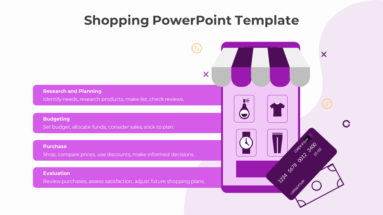Shopping themed PPT template with steps for research, budgeting, purchasing, and evaluation, featuring a storefront graphic.