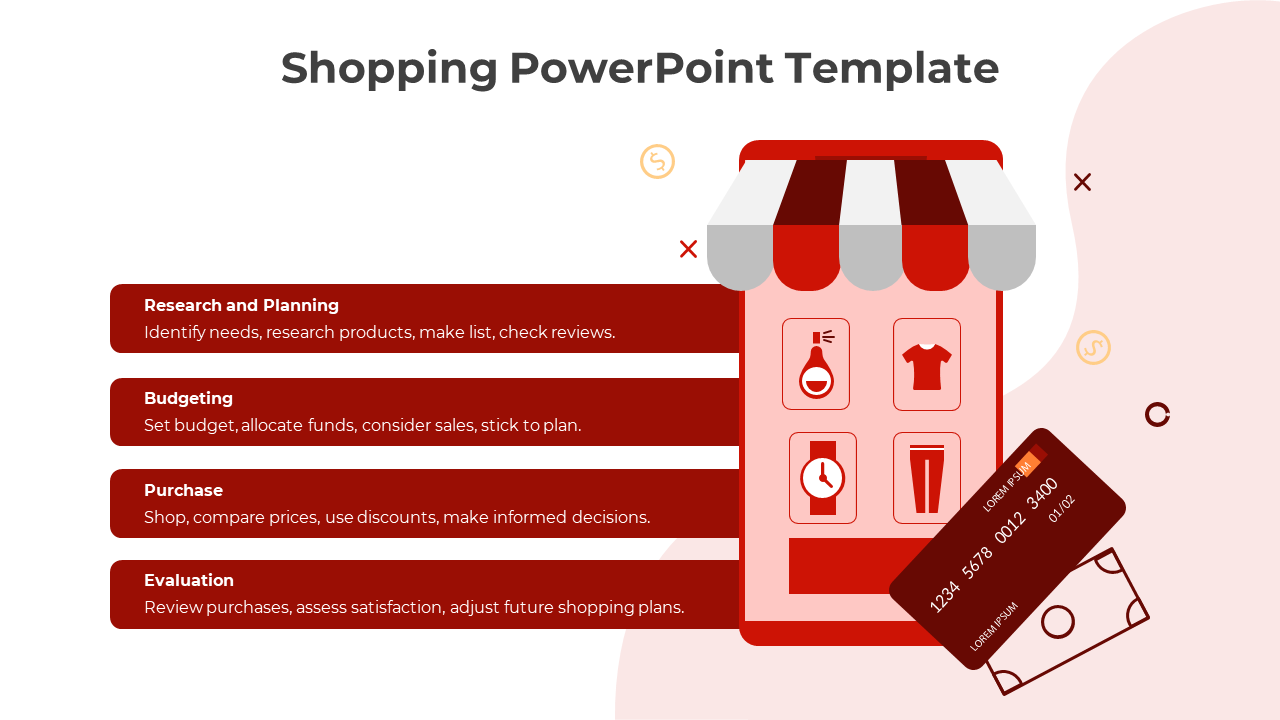 Shopping presentation slide featuring a red storefront graphic, a credit card, and a four step shopping process guide.