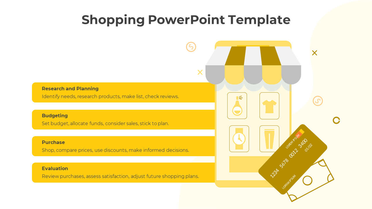 Yellow-toned shopping infographic featuring a phone with products and payment visuals alongside organized shopping phases.