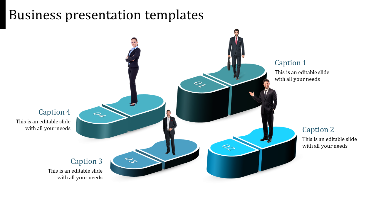 Business-themed infographic with four blue 3D platform steps, each hosting a person and labeled 01 to 04 with captions.