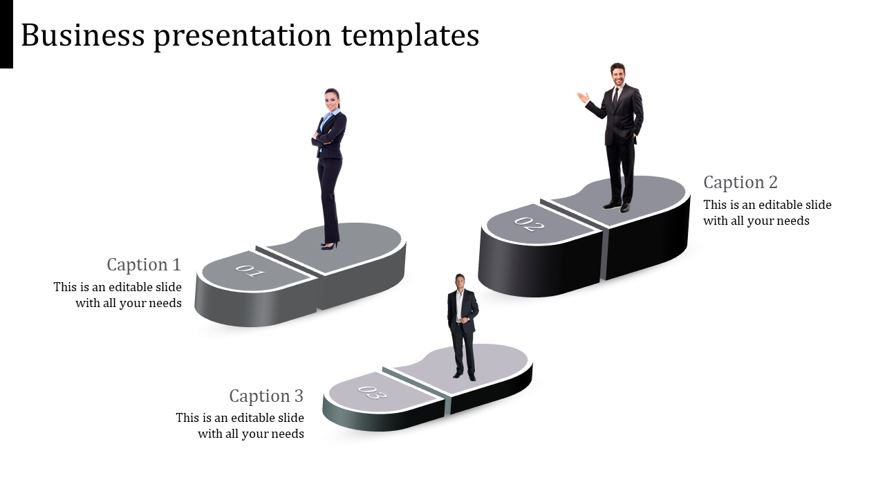 Monochrome business presentation slide featuring three stages with figures on 3D grayscale platforms and captions.