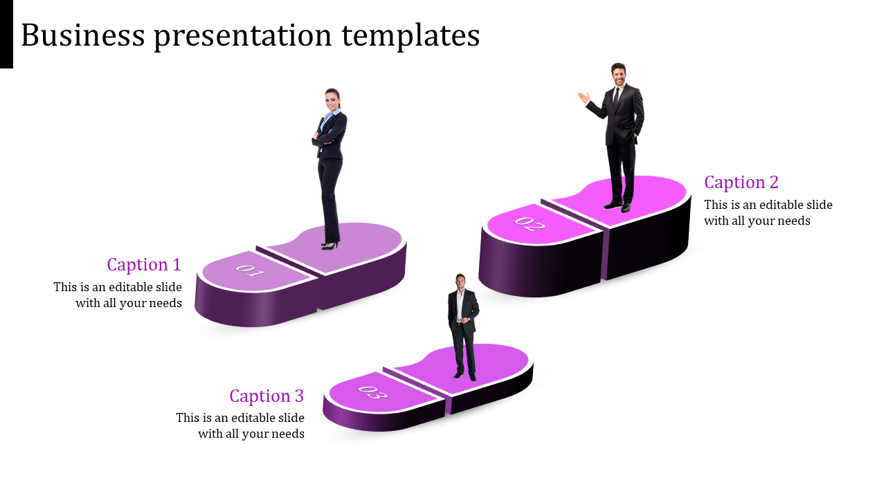 Purple 3D business steps presentation slide with three stages featuring professional icons and captions.