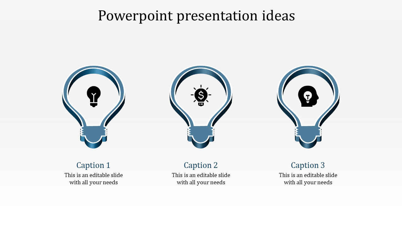 Three blue outlined lightbulbs with icons and descriptive captions, evenly spaced across a white background.