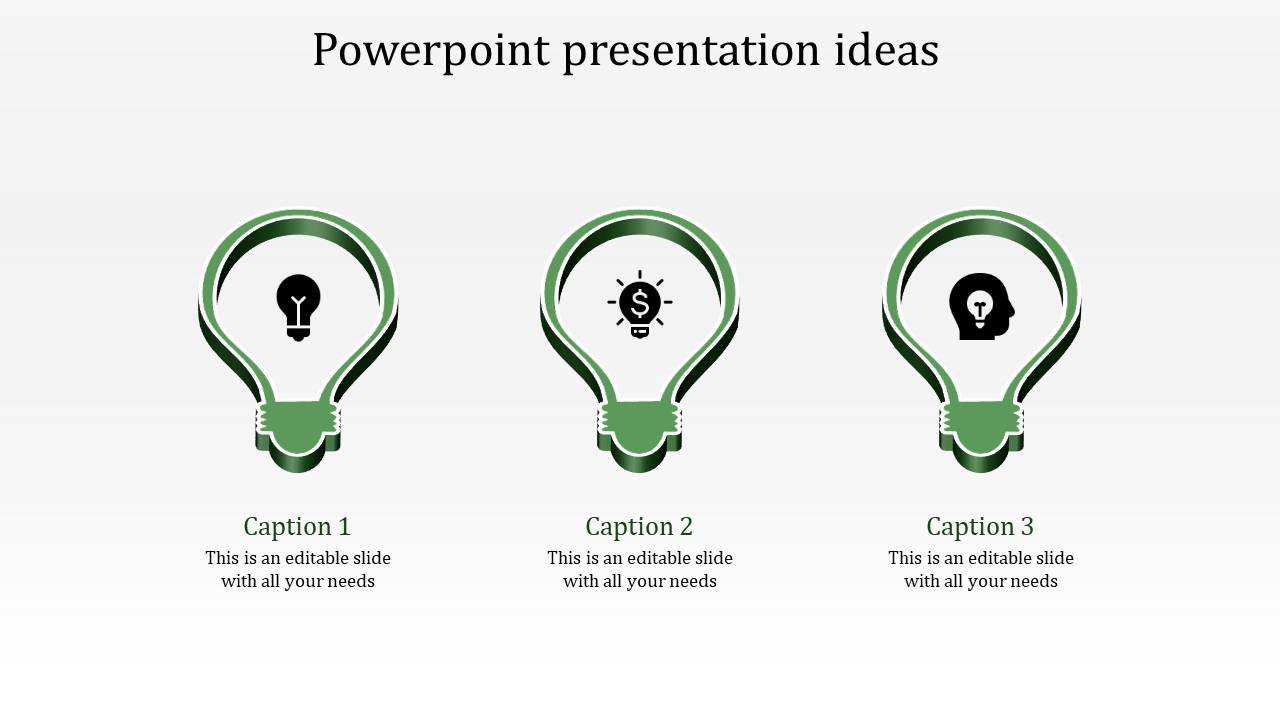 Three lightbulb icons in green, each representing a different concept with corresponding icons inside the bulbs.