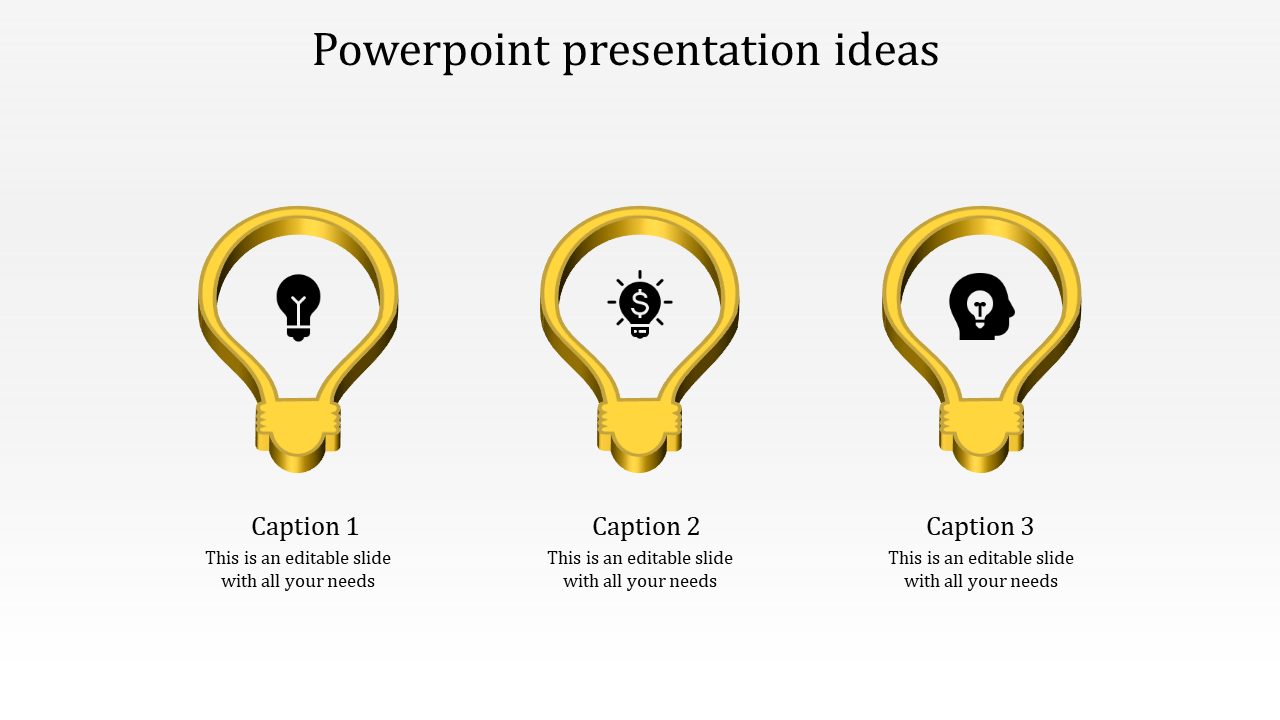 Three gold lightbulb icons showcasing ideas, financial growth, and innovation concepts for presentations.