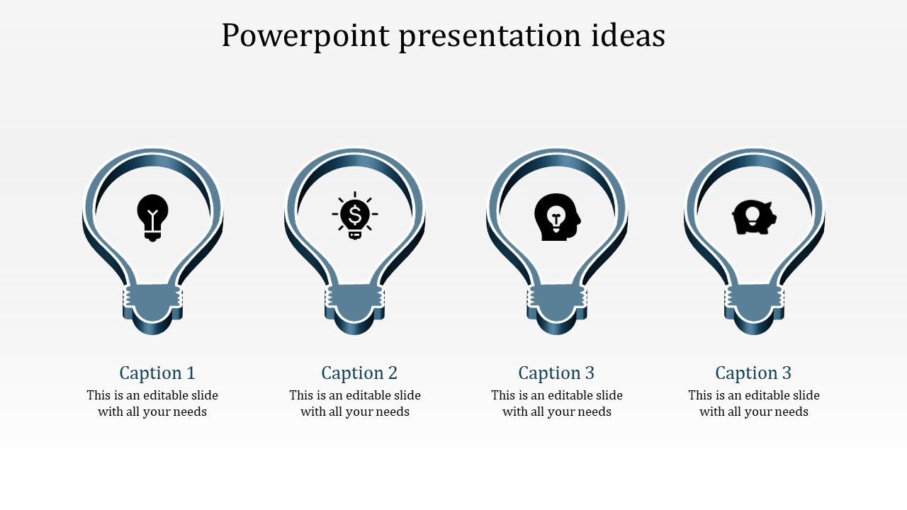 Minimal layout showing four bulb-shaped graphics, each holding a distinct placeholder icon for presentation ideas.