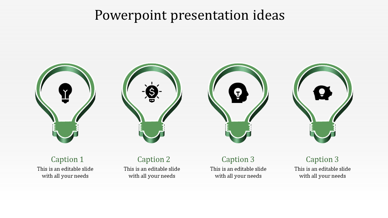 Row of four green lightbulb shapes featuring black icons and captions underneath for a presentation layout.