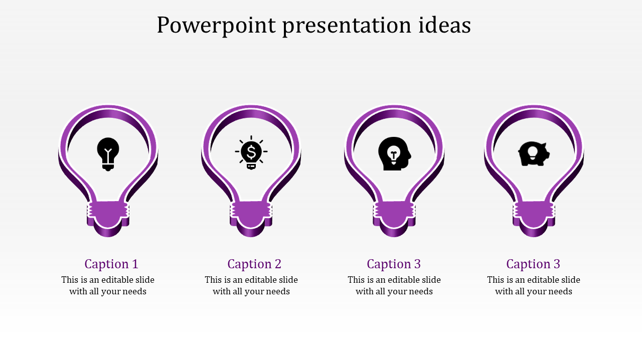 Four purple lightbulbs showcasing icons for ideas, financial growth, insights, and savings in a presentation template.