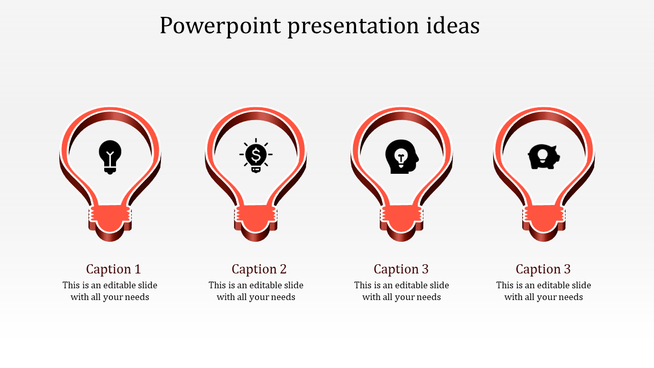 Four red lightbulb icons aligned horizontally, each representing a concept with captions below on a white background.
