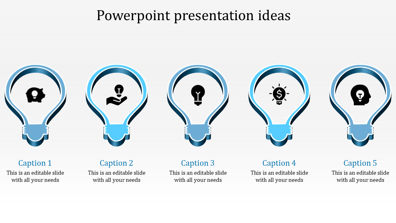 Minimal design of five stylized lightbulbs in varying blue tones, each housing a black idea-related symbol.