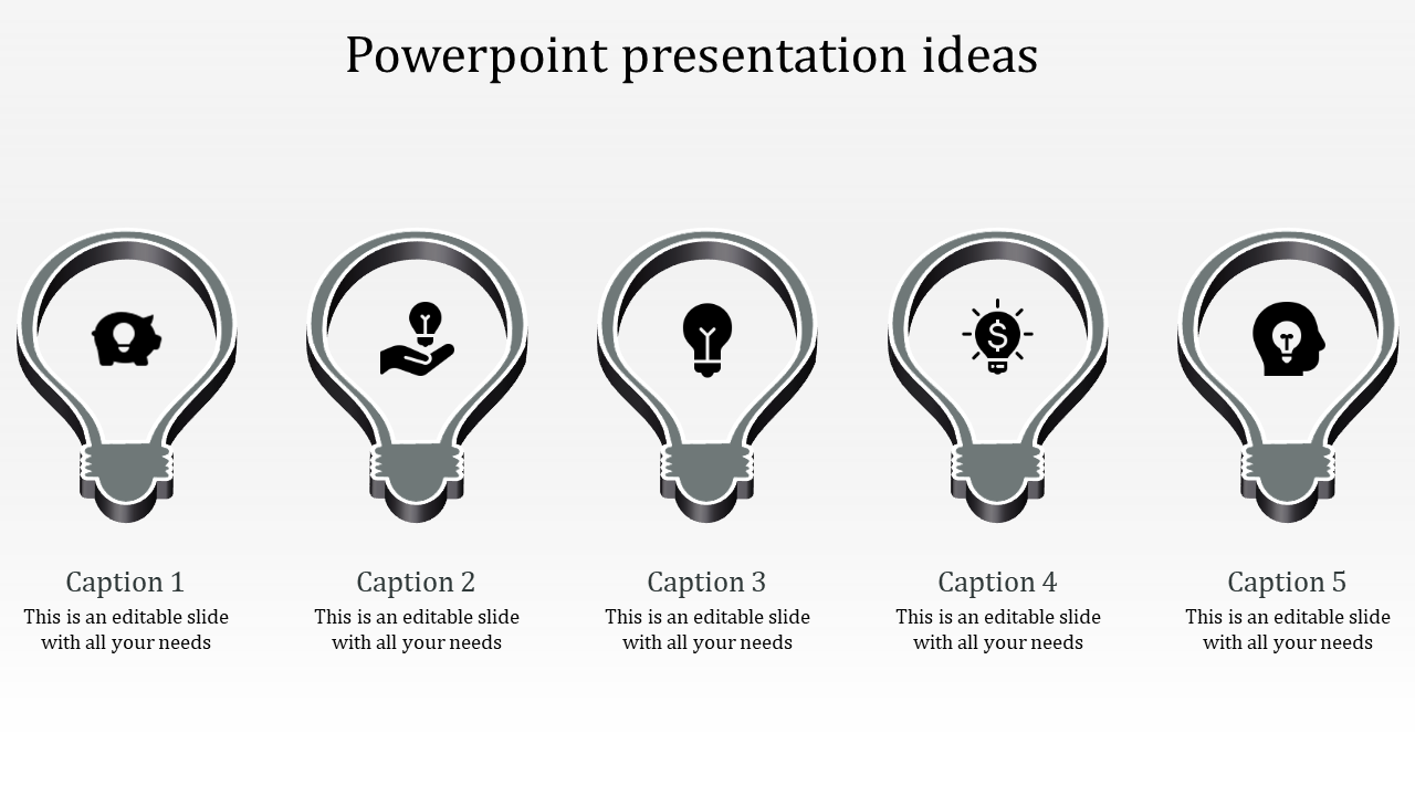 Slide with five bulb-shaped graphics in grayscale, each featuring a unique icon to illustrate different presentation ideas.