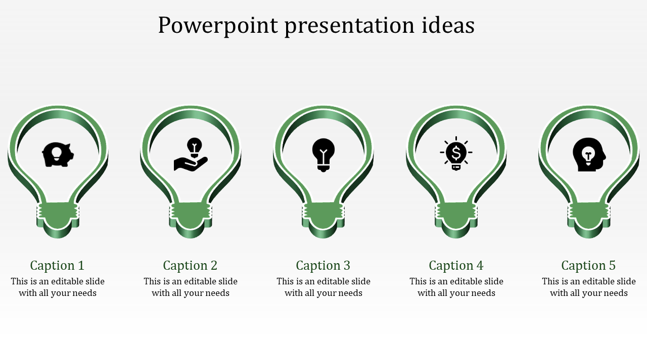 Five green lightbulb icons with varied symbols inside, aligned horizontally on a white background.
