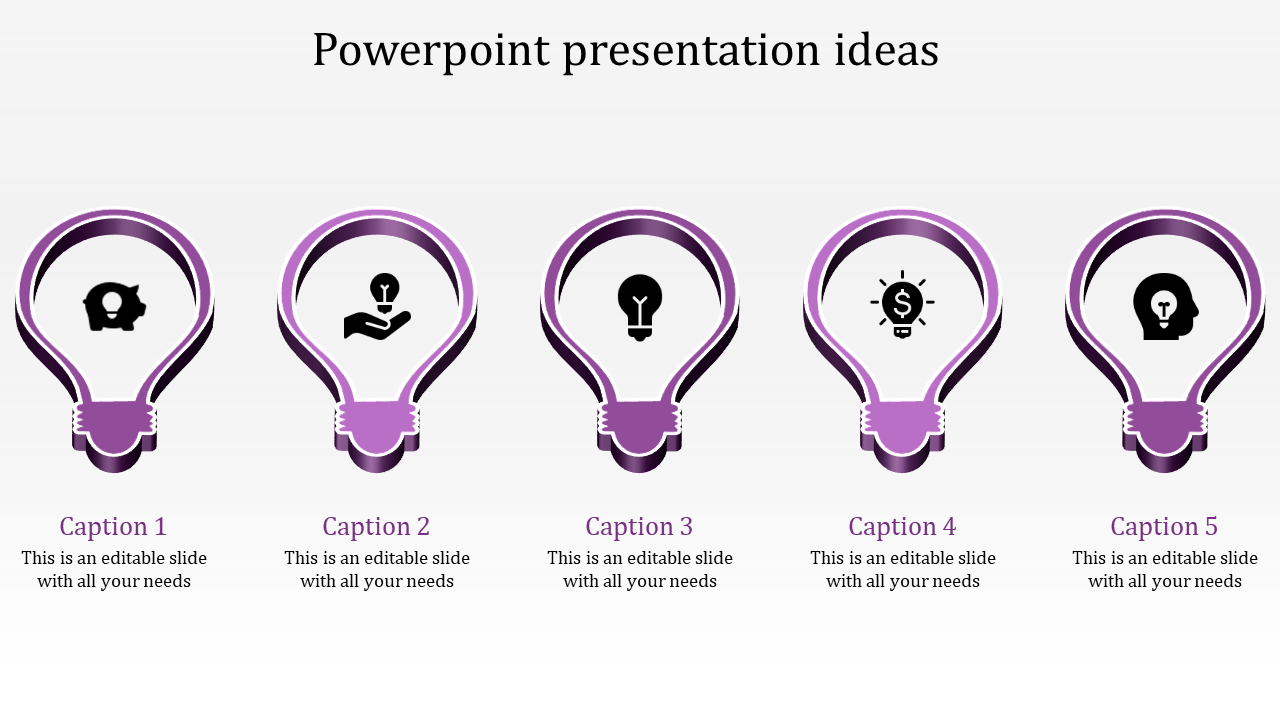 Row of five purple lightbulb graphics featuring black icons, highlighting distinct business or idea symbols.