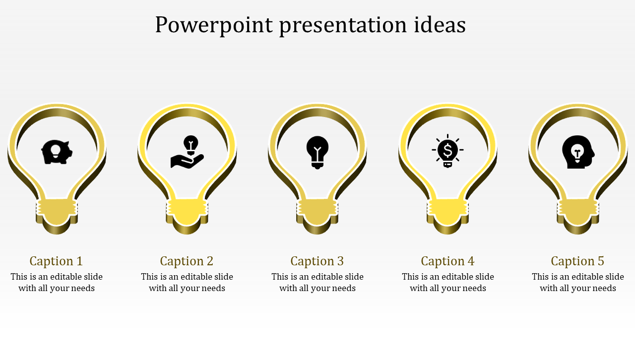 Gold light bulb icons represent various concepts like savings, ideas, creativity, finance, and innovation with captions.