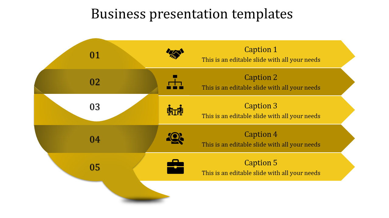 Business presentation template with five numbered sections and icons for various processes and objectives.