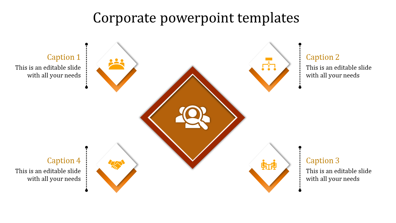 Orange and white diamond shaped icons representing corporate concepts, with four captions positioned around the center.