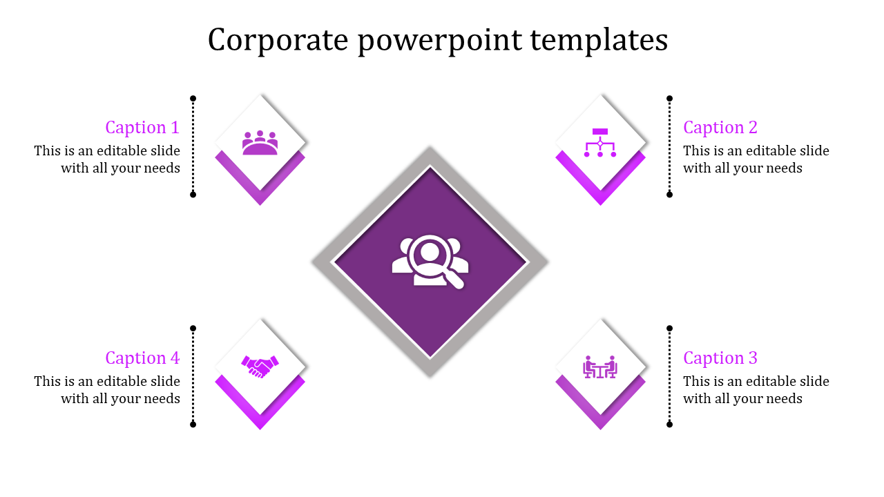 Purple themed corporate template with a central diamond icon surrounded by four smaller white diamonds with captions.