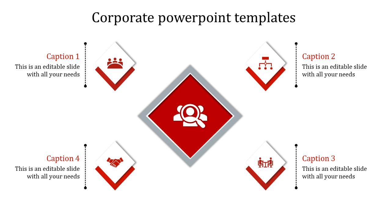 Corporate-themed slide with a big red diamond icon and four smaller diamond tiles around it for a professional layout.