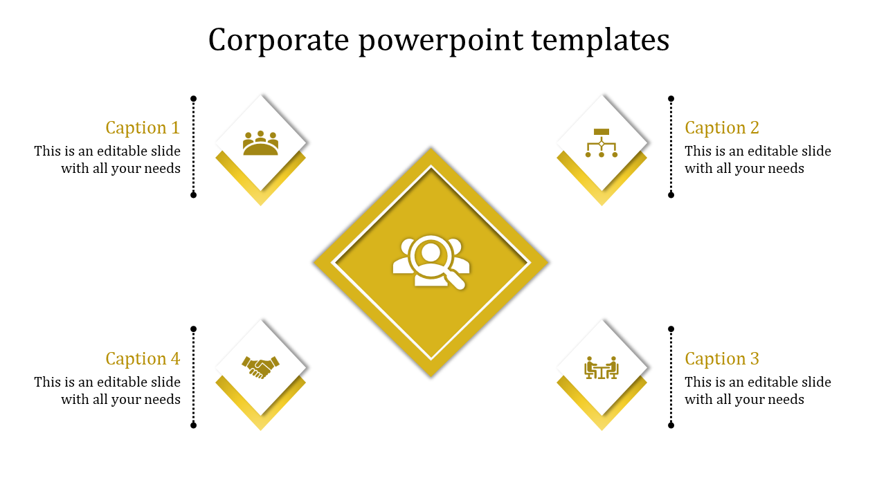 Corporate slide showcasing a prominent gold diamond in the middle and four smaller diamond shapes with matching icons.