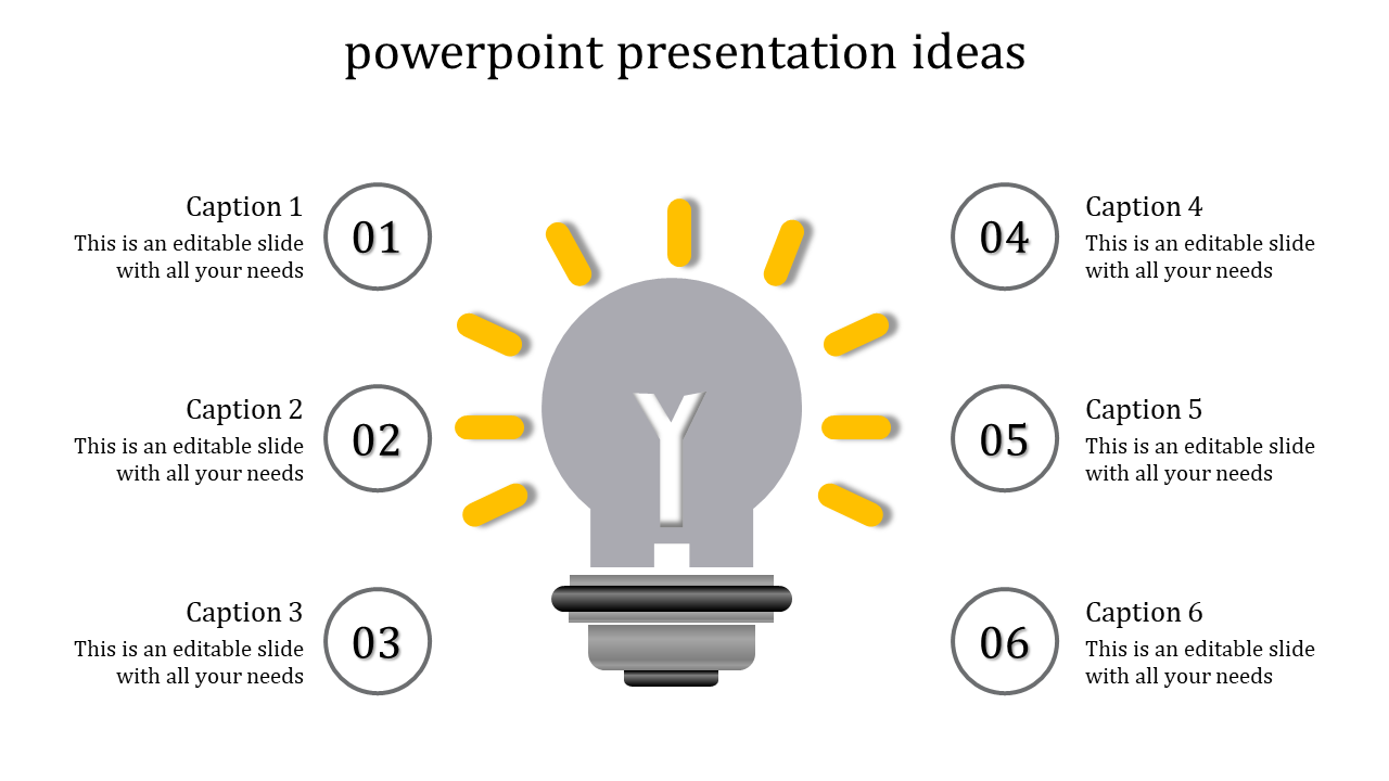 Gray lightbulb with yellow rays at the center, surrounded by six numbered captions in a circular layout.