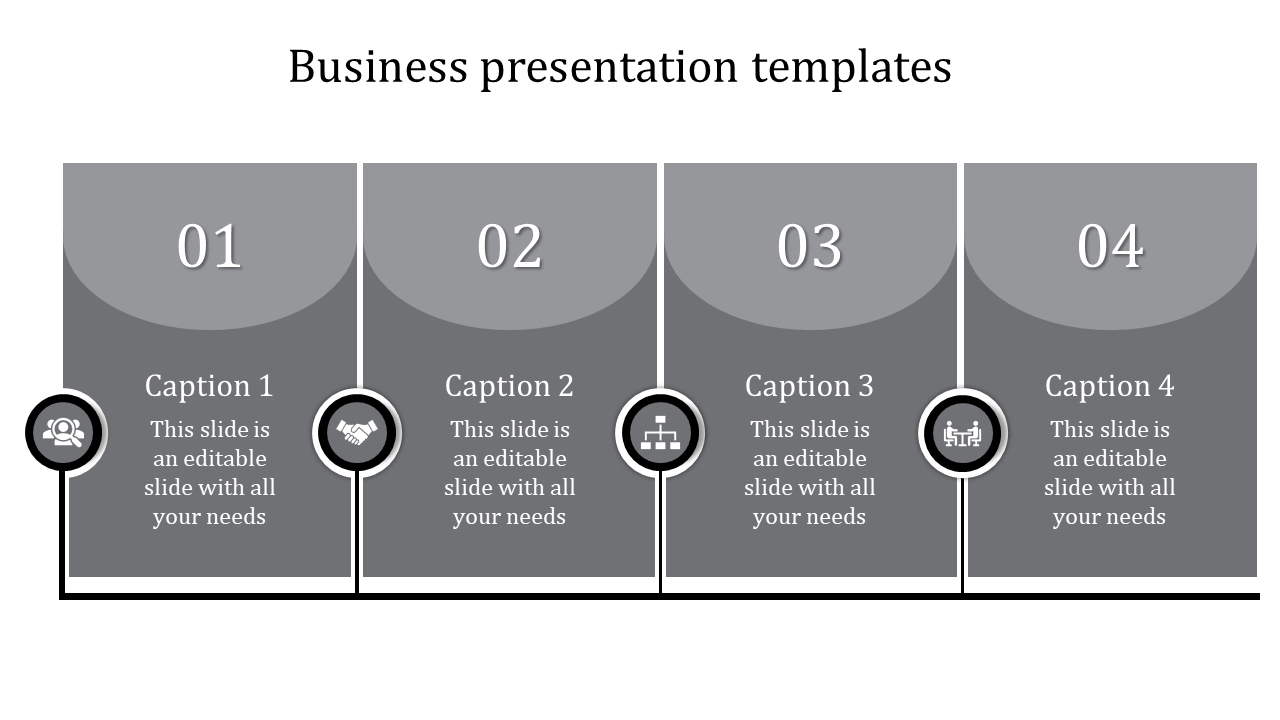 Horizontal gray layout with four rounded rectangular sections, circular icons, and numbered step design.