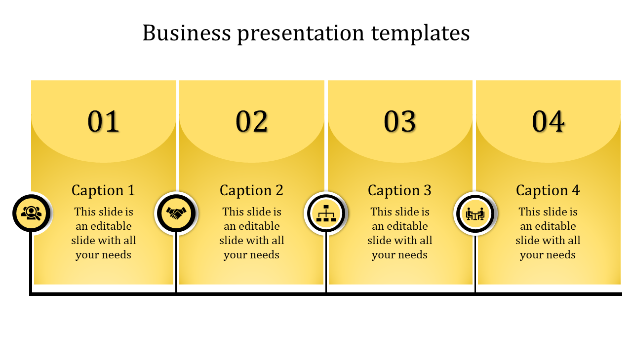 Four step business presentation template with numbered yellow sections, captions, and circular icons at the bottom.