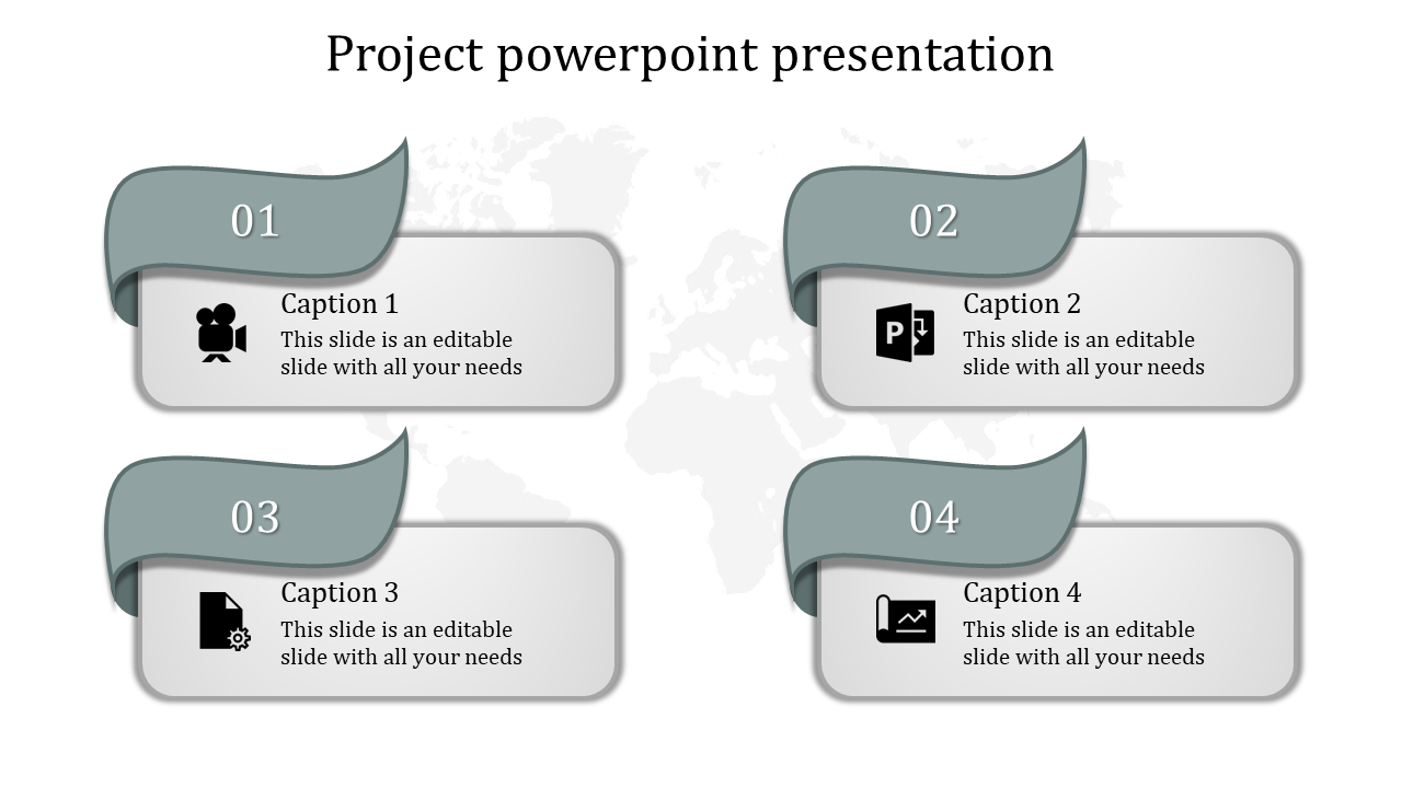 Infographic design featuring four gray ribbon banners with icons and captions over a global map background.