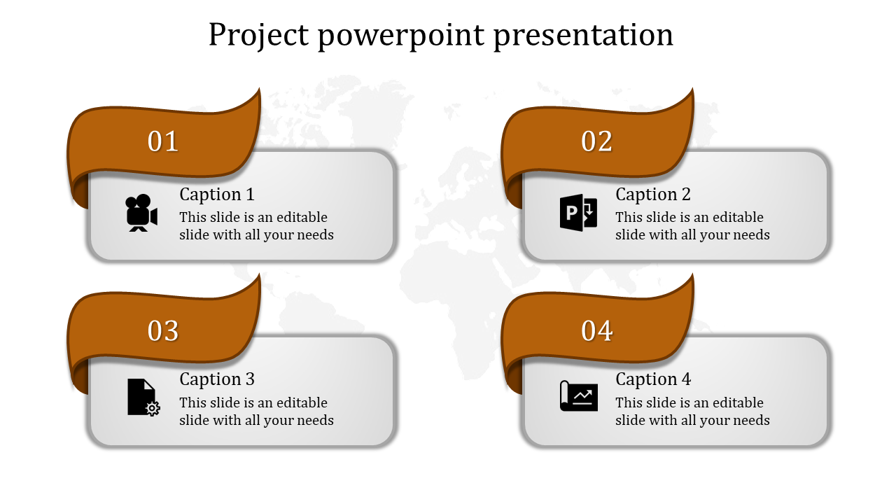 Project presentation layout with four numbered orange banners and icons on a white background with a faint world map.